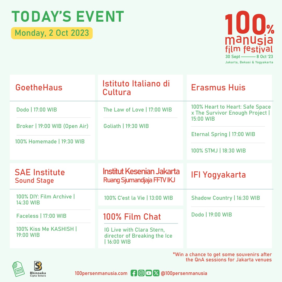 100prsenmanusia's tweet photo. #100PMFF2023 TODAY'S EVENTS!🤩🎬 (02/10)
Check our full festival schedule on https://t.co/C6H8uFd2Et and don't miss the screenings and other fun events! See you at the festival venues😉 https://t.co/2oVwWaQRMc