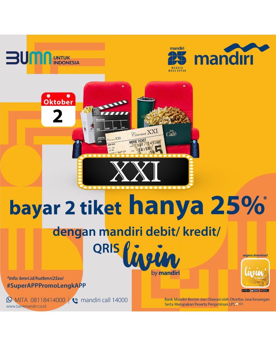 Hari ini setiap kamu beli tiket pake QRIS LIVIN bakal lebih hemat. Gimana gak hemat, kamu bisa BAYAR 2 TIKET HANYA 25% 

Buruan pake promonya sekarang! Cek syarat dan ketentuannya di 21cineplez.com atau download aplikasi m.tix yaaa

#MakinDekat #NontonASIKdiXXI
