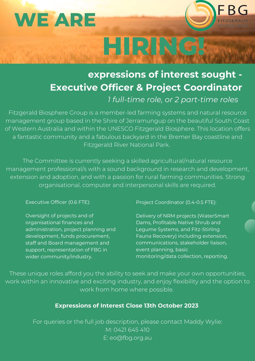 FBG is hiring! If you have a background in ag or NRM and are passionate about sustainable agriculture, healthy ecosystems and vibrant enterprises within rural communities, we'd love to hear from you!