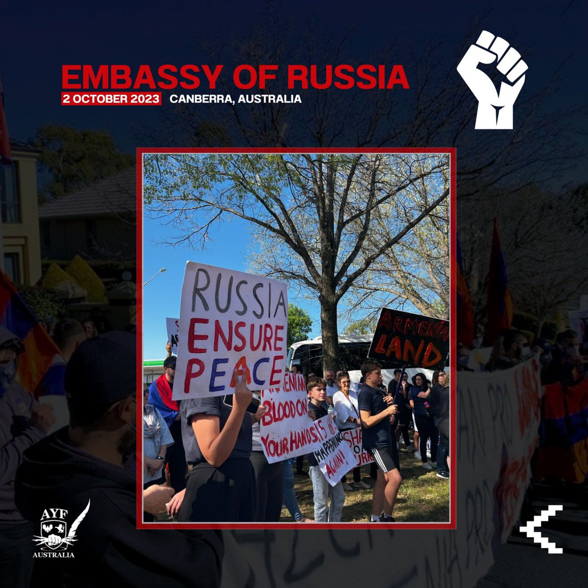 ayfaus's tweet photo. Protest continues at the Russian embassy. Calling on Russia to do its part to end the Genocide of the Armenians of Artsakh. 

Protesters will soon be making their way to the embassy of Azerbaijan, for the final protest of today. https://t.co/9FDU2Zij1R