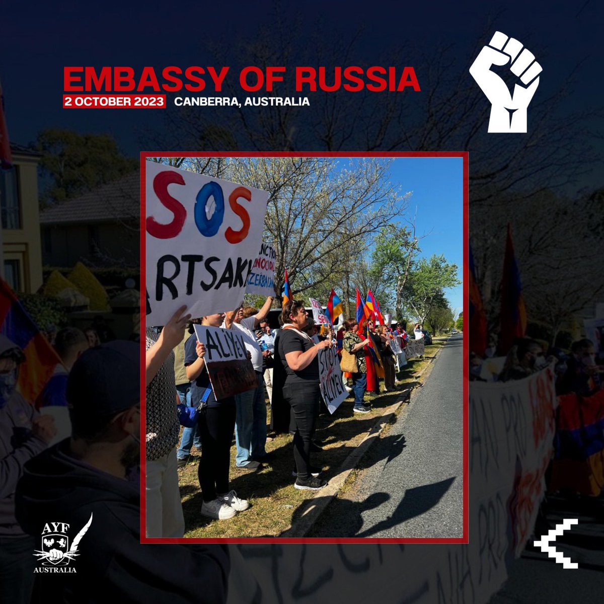 ayfaus's tweet photo. Protest continues at the Russian embassy. Calling on Russia to do its part to end the Genocide of the Armenians of Artsakh. 

Protesters will soon be making their way to the embassy of Azerbaijan, for the final protest of today. https://t.co/9FDU2Zij1R