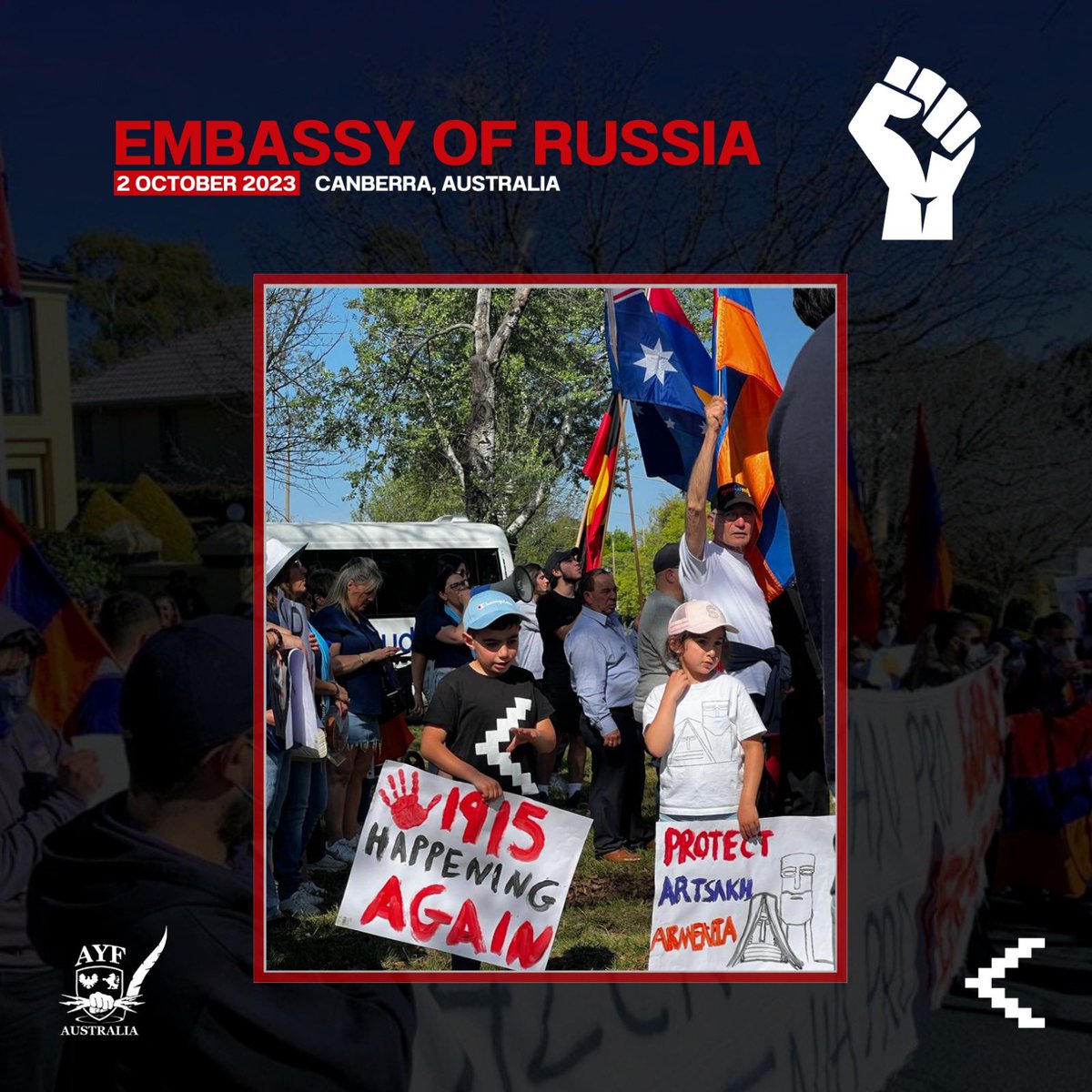 Protest continues at the Russian embassy. Calling on Russia to do its part to end the Genocide of the Armenians of Artsakh. 

Protesters will soon be making their way to the embassy of Azerbaijan, for the final protest of today.