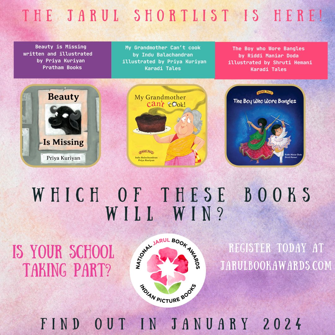 The votes are in and the shortlist for The Jarul Book Awards 2023-2024 is here! Congrats to the authors, illustrators and publishers of these fabulous Indian picture books: Priya Kuriyan, Indy Balachandran, Riddi Maniar Doda and Shruti Hemani. 
<a href="/karaditales/">Karadi Tales</a>
<a href="/prathambooks/">Pratham Books</a>