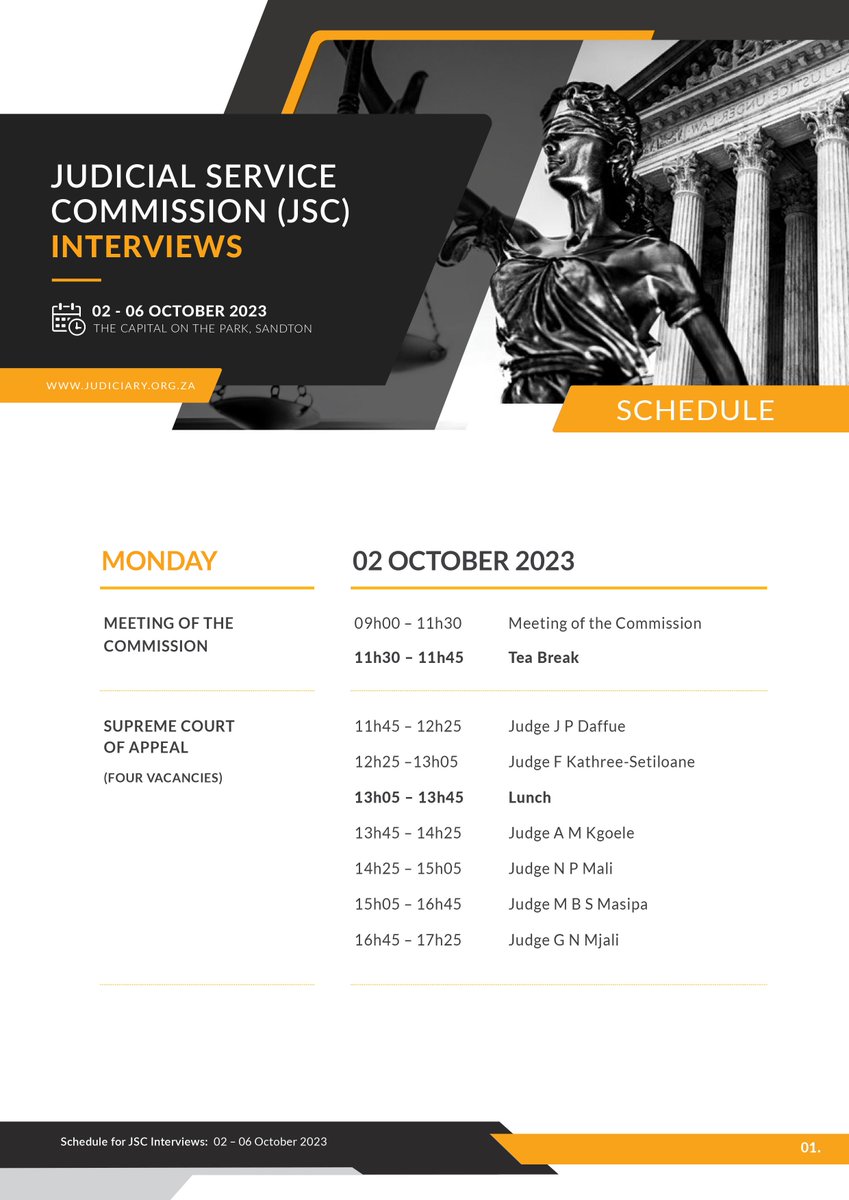OCJ_RSA's tweet photo. Schedule for the Judicial Service Commission Interviews
Dates: 02 - 06 October 2023
Venue: Capital on the Park, Sandton
Time:  11h45 on 2 October 2023, and 09h00 daily thereafter.

YouTube live stream: https://t.co/AwomtQJyIY
#JSCinterviews #ocj_rsa #JudiciaryRSA #Judiciary https://t.co/D5zlLOW6if