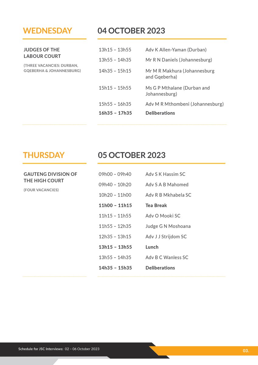 OCJ_RSA's tweet photo. Schedule for the Judicial Service Commission Interviews
Dates: 02 - 06 October 2023
Venue: Capital on the Park, Sandton
Time:  11h45 on 2 October 2023, and 09h00 daily thereafter.

YouTube live stream: https://t.co/AwomtQJyIY
#JSCinterviews #ocj_rsa #JudiciaryRSA #Judiciary https://t.co/D5zlLOW6if