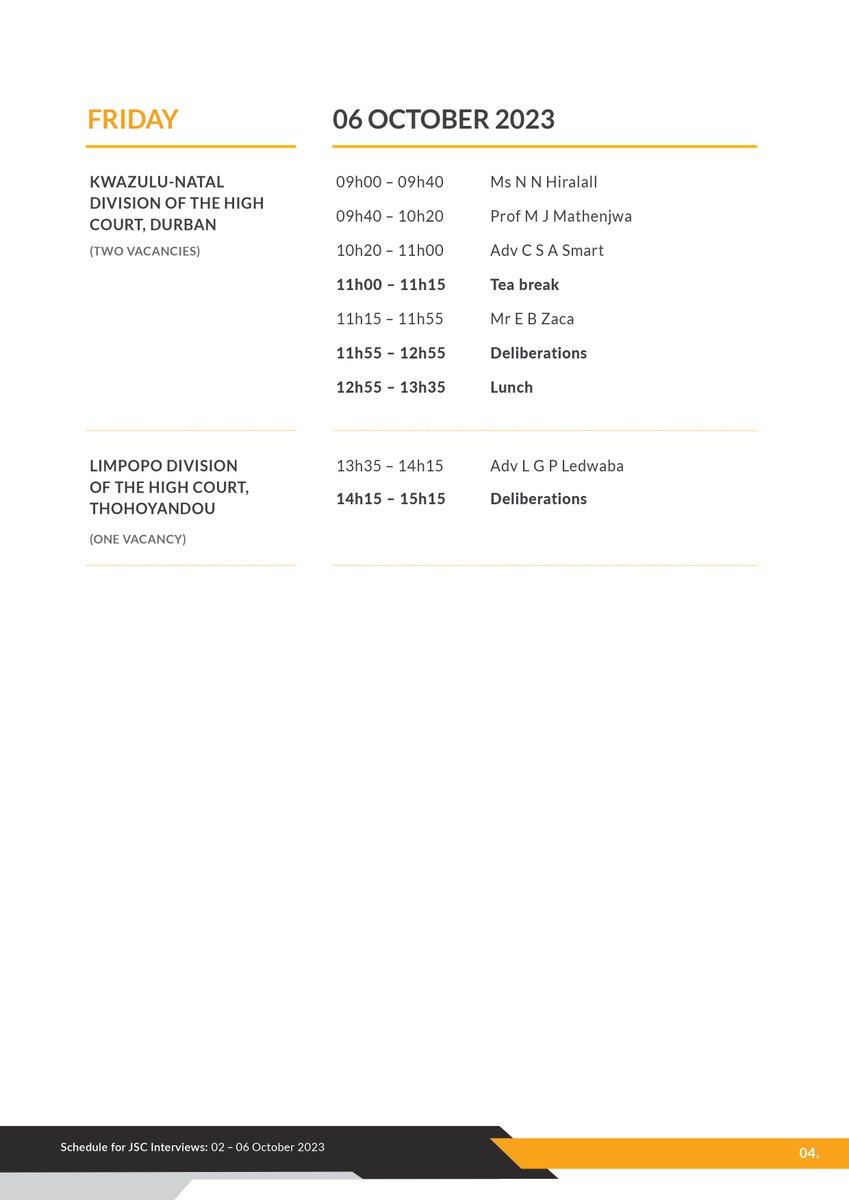 OCJ_RSA's tweet photo. Schedule for the Judicial Service Commission Interviews
Dates: 02 - 06 October 2023
Venue: Capital on the Park, Sandton
Time:  11h45 on 2 October 2023, and 09h00 daily thereafter.

YouTube live stream: https://t.co/AwomtQJyIY
#JSCinterviews #ocj_rsa #JudiciaryRSA #Judiciary https://t.co/D5zlLOW6if
