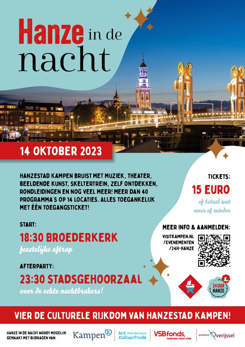 Beleef Hanze in de Nacht op 14 oktober! Koop een passe-partout voor €15 en krijg toegang tot meer dan 30 optredens op dertien locaties. Betaal wat je kunt en geniet van deze toffe ervaring! #24Hanze Klik hier voor meer informatie: visitkampen.nl/evenementen/24…