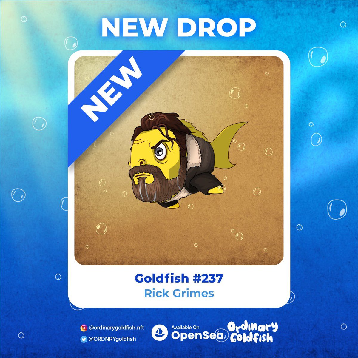 ORDNRYgoldfish's tweet photo. 🐠NEW DROP🐠 

Look! who's coming!

yeahh it's Rick Grimes!!
Shoutout to @NFT_Supply for the idea!💡 

check this out guys!
🐠 #237 - Rick Grimes
💵 Price 0.01 $ETH
🔗 : https://t.co/c3AffqKmrK

Grab it now! 🐠💨

Ordinary Goldfish NFT on #OpenSea
#PolygonNFT #NFTart #RickGrimes https://t.co/wg8Kt84JCe