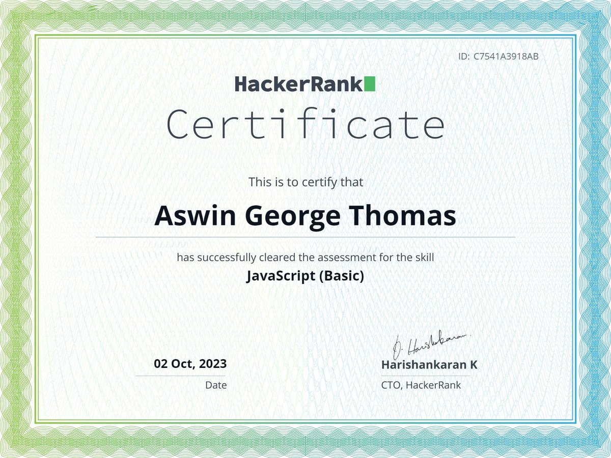 aswingt65's tweet photo. I just earned JavaScript (Basic) skill certificate via @HackerRank. Get your skills certified and show the world what you can do! #skilloverpedigree https://t.co/8KK5dDjxNR https://t.co/owSTHWuWWm
