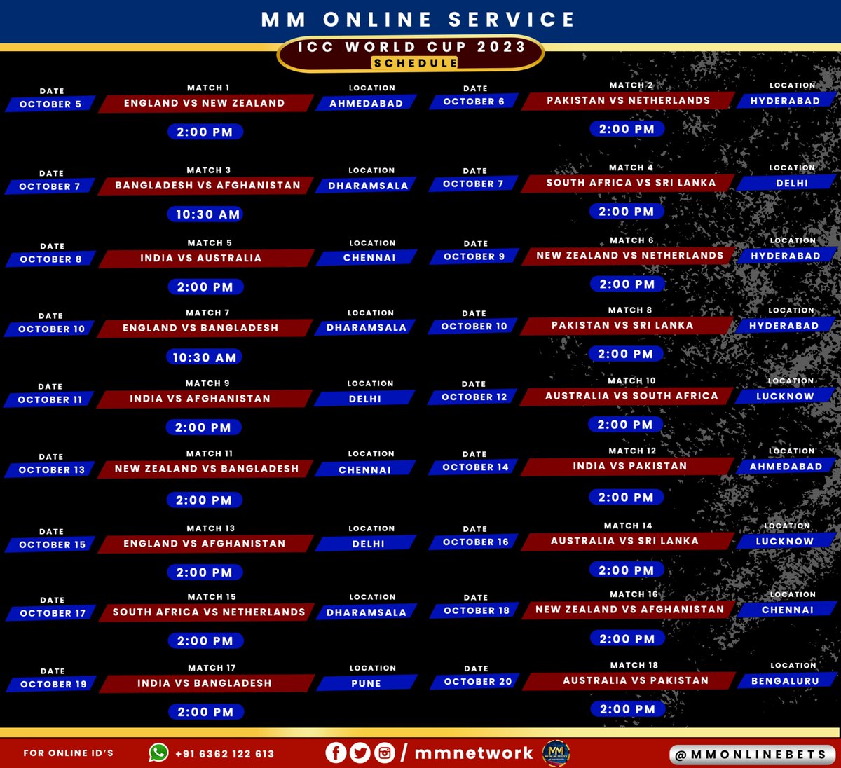 mmonlinebet's tweet photo. ICC - 2023 🏏🔥 #schedule
#MMTEAM
#Cricket #worldcup #2023 #india #australia #newzealand #srilanka #england #southafrica #pakistan https://t.co/Y2Du8ui3BW
