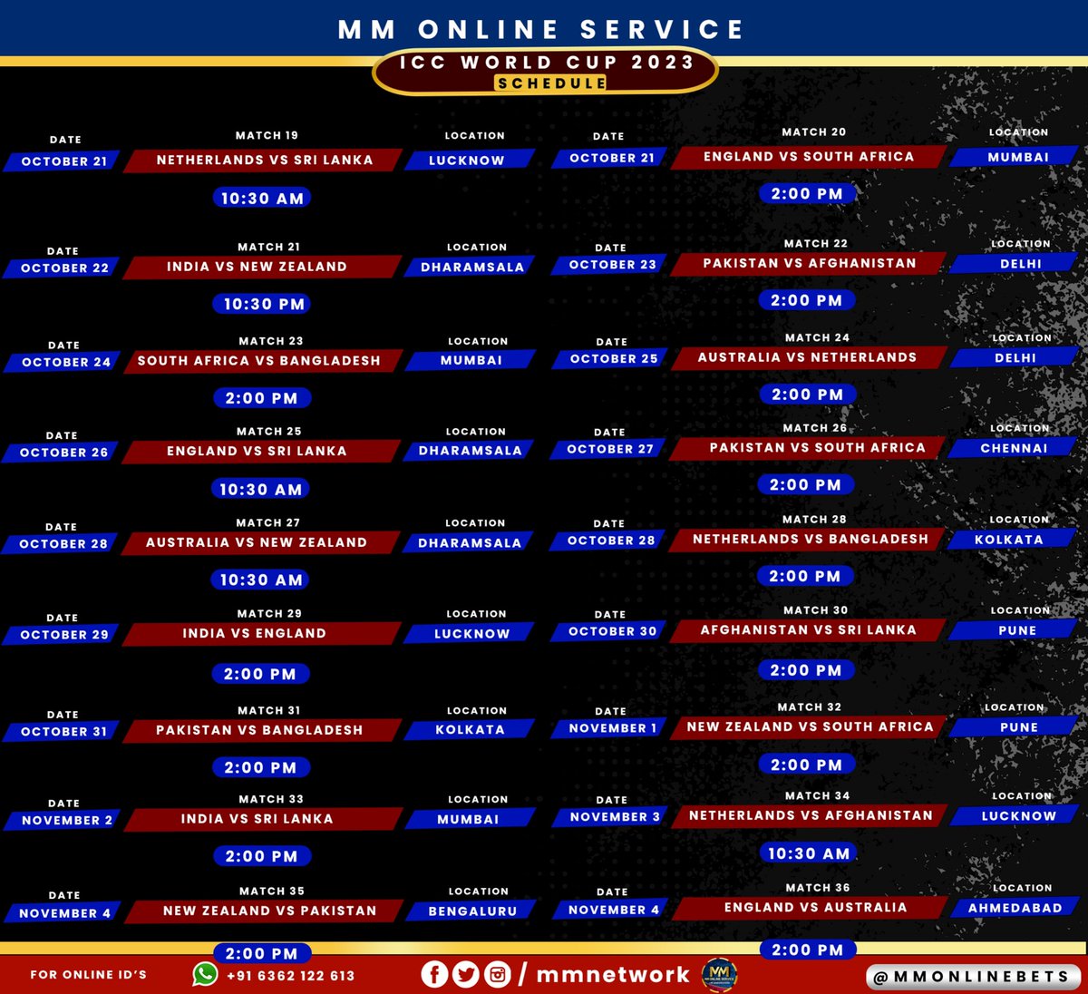 mmonlinebet's tweet photo. ICC - 2023 🏏🔥 #schedule
#MMTEAM
#Cricket #worldcup #2023 #india #australia #newzealand #srilanka #england #southafrica #pakistan https://t.co/Y2Du8ui3BW