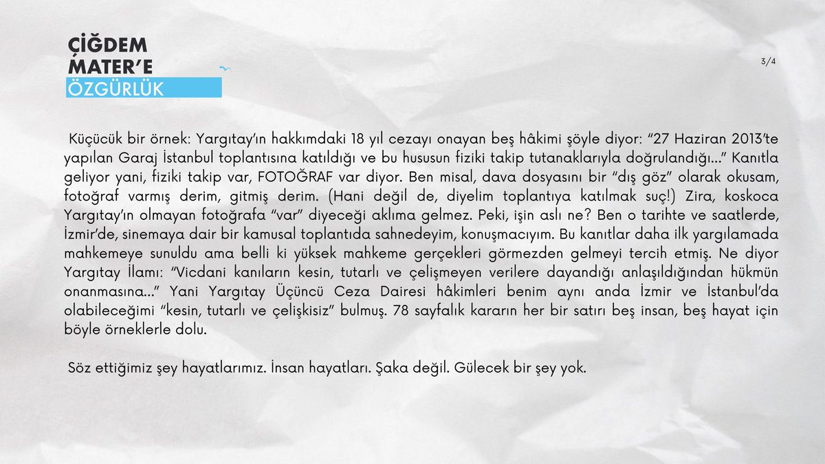 freecigdemmater's tweet photo. Yargıtay 3. Ceza Dairesi’nin Gezi Parkı davasında 18 yıl cezası onanan yapımcı Çiğdem Mater’in Bakırköy Kadın Kapalı Cezaevi’nden avukatları ile gönderdiği açıklama :  Türkiye koca bir şaka ama buna ne kadar gülebiliriz?*
… 
👇🏻 https://t.co/NpDk9QPG5o