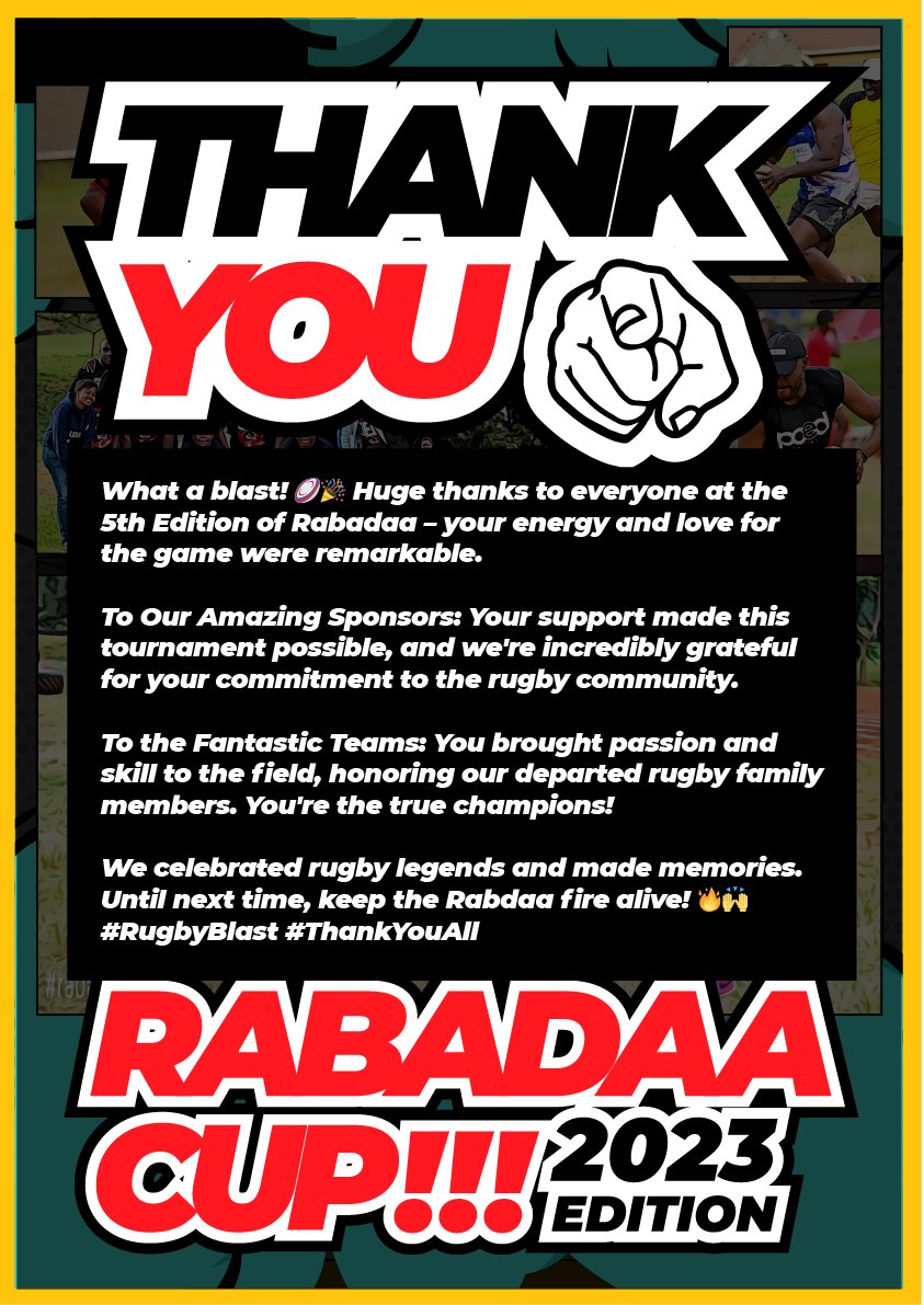rabadaaorg's tweet photo. An Epic Thank You! 🌟🏉 The 5th Edition of Rabadaa was a success! 🏉🎉 Here's to celebrating our rugby legends, creating unforgettable moments, and keeping the Rabdaa spirit alive! 🔥🙌 

Stay tuned for photos and videos of all the action! https://t.co/P8GSrsSQlL