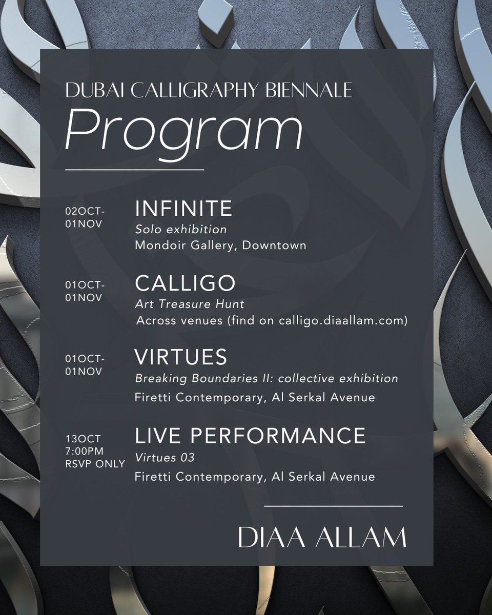🗓️ In Dubai this October? Join me at the inaugural Calligraphy Biennale for my exhibitions. 

📍Locations:
<a href="/mondoir/">Mondoir</a> <a href="/Mondoir_art/">Mondoir Gallery</a> 
<a href="/FIRETTIGALLERY/">Firetti Contemporary</a>

<a href="/3_IXAM/">3IXAM</a> #DubaiBiennale