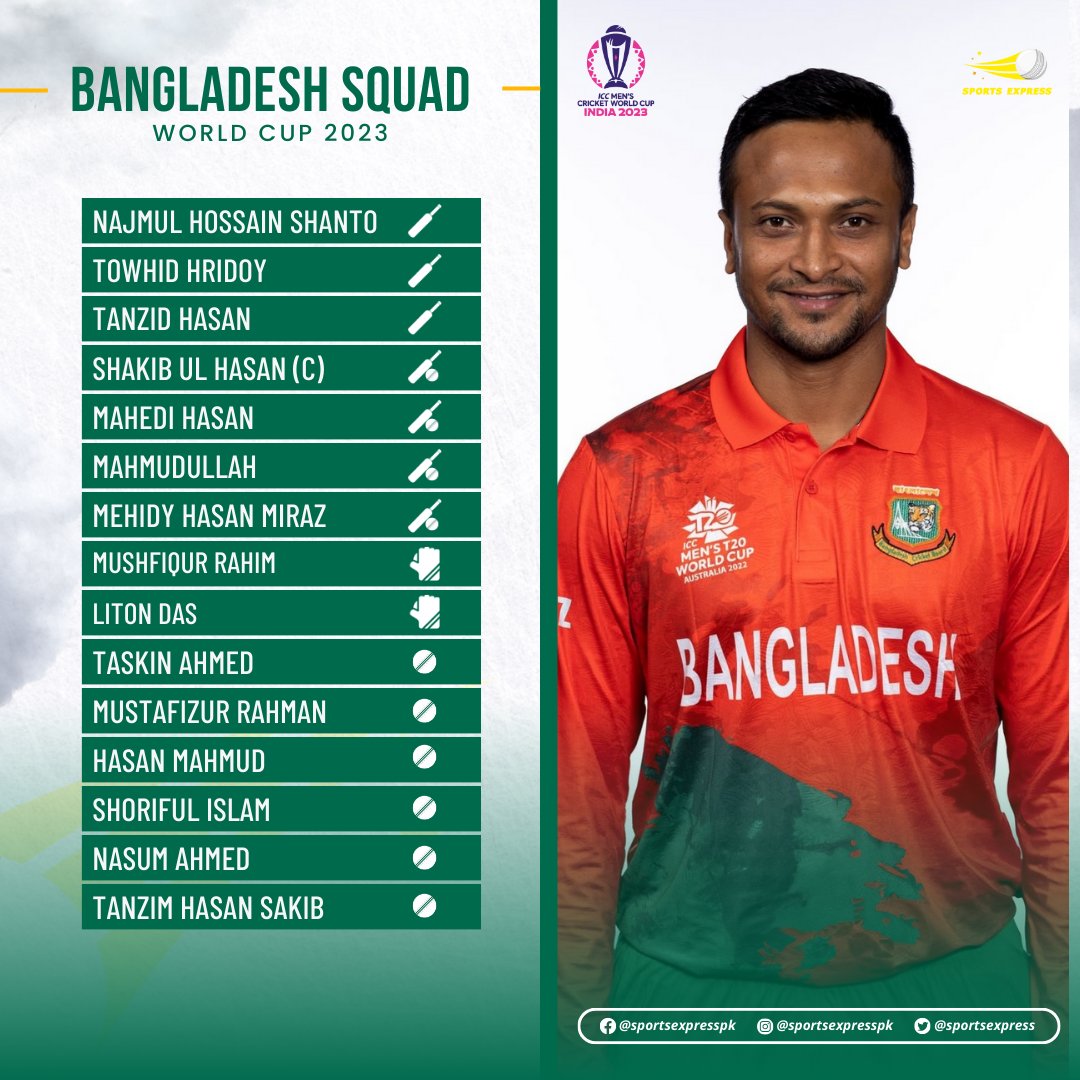 SportsExprress's tweet photo. Missed the 2023 World Cup squads? No worries! We've got you covered with all the scoop on every team's lineup.  

 Get ready for the ultimate cricket showdown! 🏏 

#CWC23 | #Cricket | #BackTheBoysinGreen | #squad https://t.co/ap8Sk48kyk