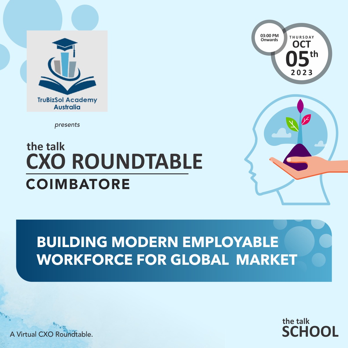 #thetalk is happy to share our next Virtual #CXORoundtable involving 6 leaders of the #Educationindustry #Coimbatore. This event is Presented by Trubizsol Academy Australia and "the talk" is the host and Knowledge Partner. 
🔗 zoomto.me/miVd4🔗