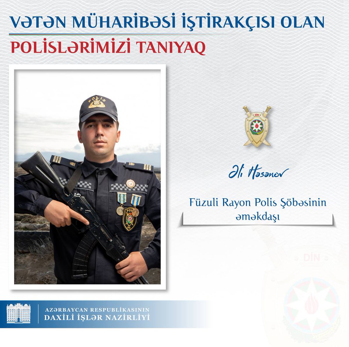 polisazerbaycan's tweet photo. Vətən müharibəsi iştirakçısı olan polislərimizi tanıyaq!

Polis serjantı Əli Həsənov Füzuli RPŞ-də xidmət edir.
Ə.Həsənov Cəbrayılın və Zəngilanın işğaldan azad edilməsi uğrunda gedən döyüşlərdə iştirak edib və medallarla təltif olunub.

#QarabağAzərbaycandır https://t.co/zXqpxWAmzz