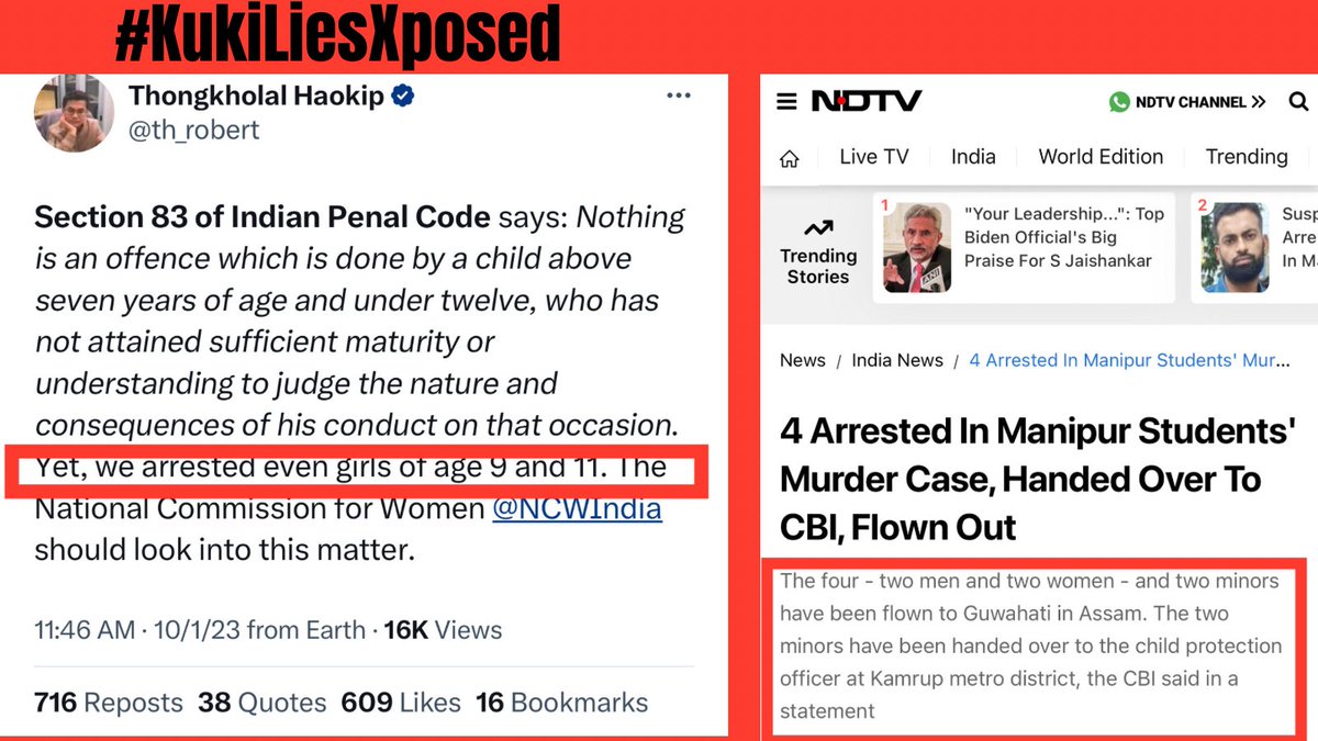 🚨𝐏𝐫𝐨𝐟𝐞𝐬𝐬𝐨𝐫 𝐓. 𝐇𝐚𝐨𝐤𝐢𝐩 𝐭𝐫𝐲𝐢𝐧𝐠 𝐭𝐨 𝐭𝐞𝐚𝐜𝐡 <a href="/NIA_India/">NIA India</a> <a href="/CBItweets/">CBI</a> 𝐭𝐨 𝐝𝐨 𝐭𝐡𝐞𝐢𝐫 𝐣𝐨𝐛𝐬❗️

<a href="/th_robert/">Thongkholal Haokip</a> Great job in referring to Section 83 of Indian Penal Code. Unfortunately, the two minors were not arrested but detained and later on handed over to