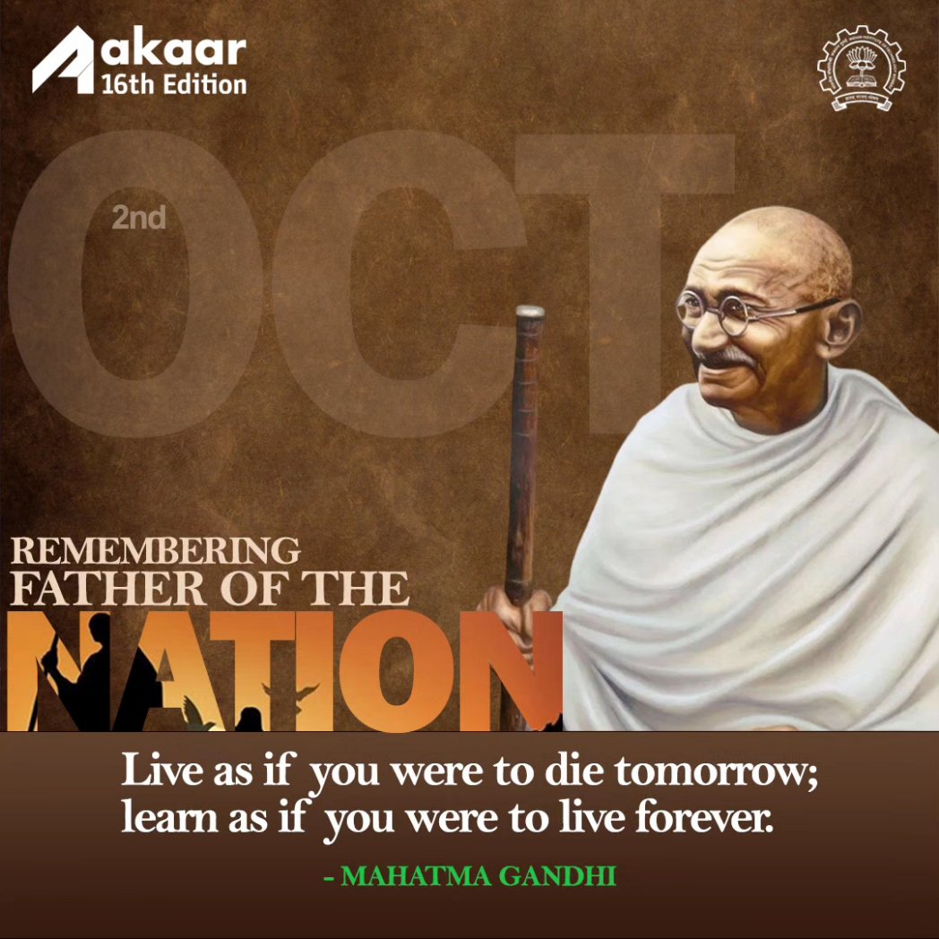 aakaariitb's tweet photo. On this special occasion of Gandhi Jayanti, Team Aakaar extends warm wishes to everyone. 

Let's remember Gandhi's words: 'Be the change that you wish to see in the world.'

Happy Gandhi Jayanti!! https://t.co/YpNa5xPYRw