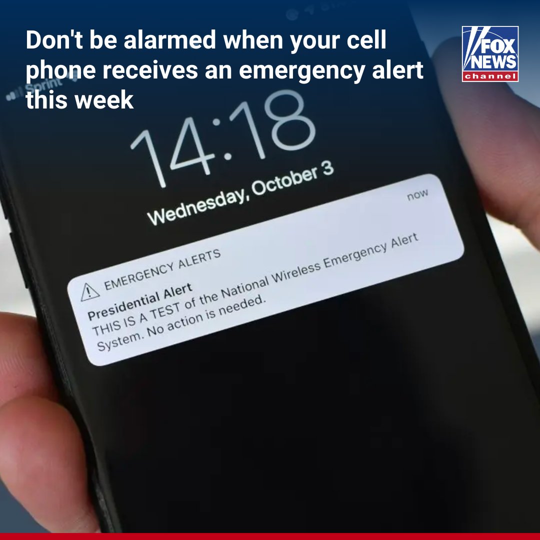FoxNews's tweet photo. TESTING, TESTING: Americans around the country will see their phones light up this week following a nationwide test. https://t.co/g5hyBZPSGD https://t.co/aK6WiTqYjA