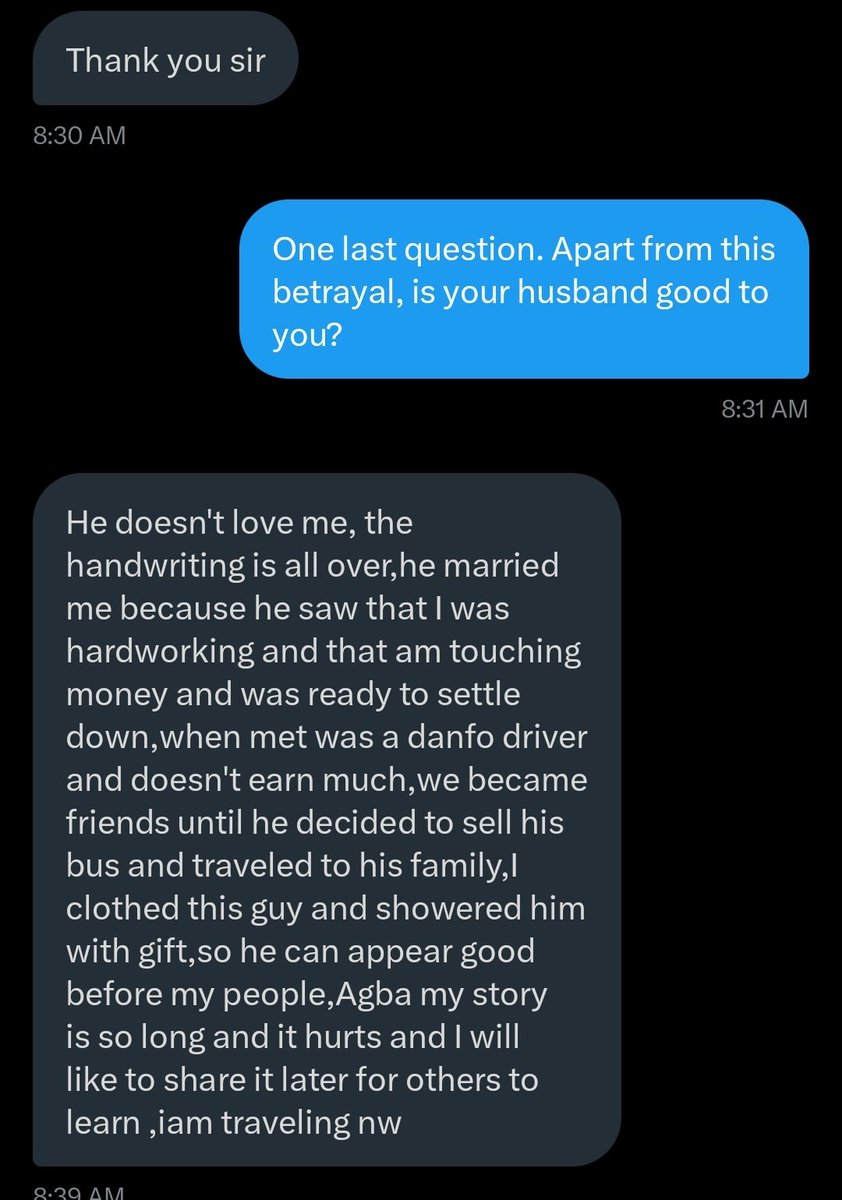 Please read this DM carefully and read to the last screenshot. Pay attention to her words because it will help you understand why I keep saying that when a woman feels she's capable of loving a man, she's bound to make stupid mistakes. And the man in turn, will resent you
