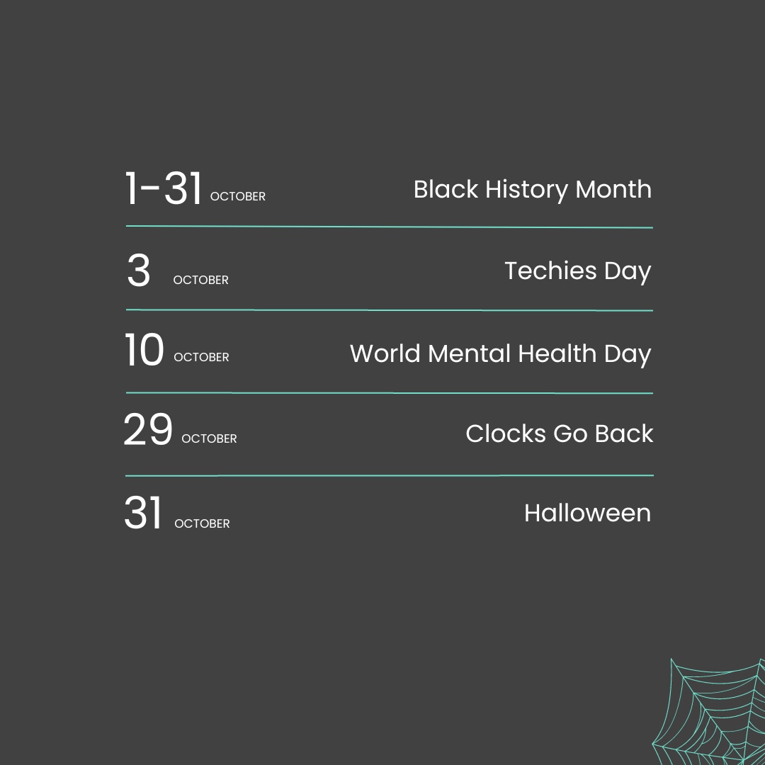 October is already in full swing, are you ready for the month ahead?!

Mark your calendars with these key dates and elevate your digital game as we head into Autumn 🍁 

#ClimbOnline #OctoberContent #DigitalMarketing #OctoberInspiration #StayTuned