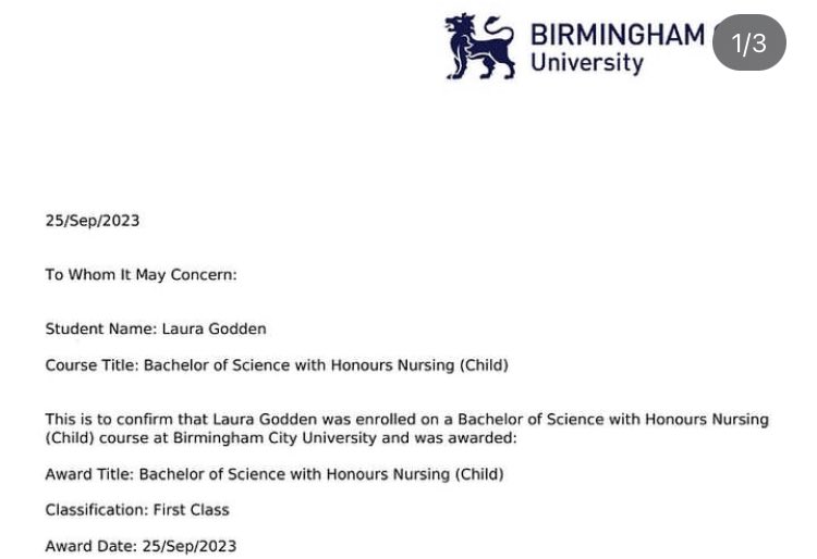 LauraG_cyp's tweet photo. I’m very pleased to say that my nursing degree is complete. I am on the the NMC register and am starting work next Monday as a neonatal staff nurse, let the hard work begin. @BCU_CYPnursing #nextstep #rn https://t.co/xVLJdt8G0A
