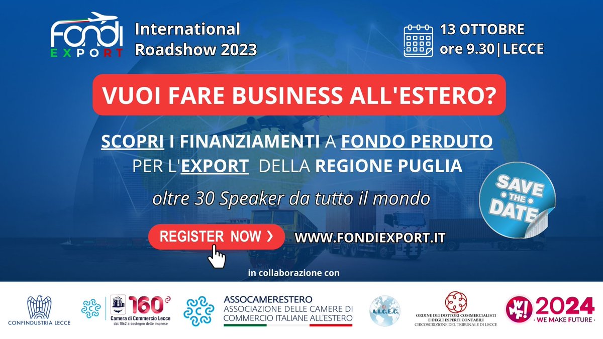 Il 13 ottobre 2023 si svolgerá la tappa “Puglia” del Roadshow Internazionale FondiExport.it.

Fadia Khraisat, Vice segretaria e Responsabile Dto. Progetti Europei CCIB parteciperá all'evento.

La partecipazione è gratuita, previa registrazione: fondiexport.it/help-desk/regi…
