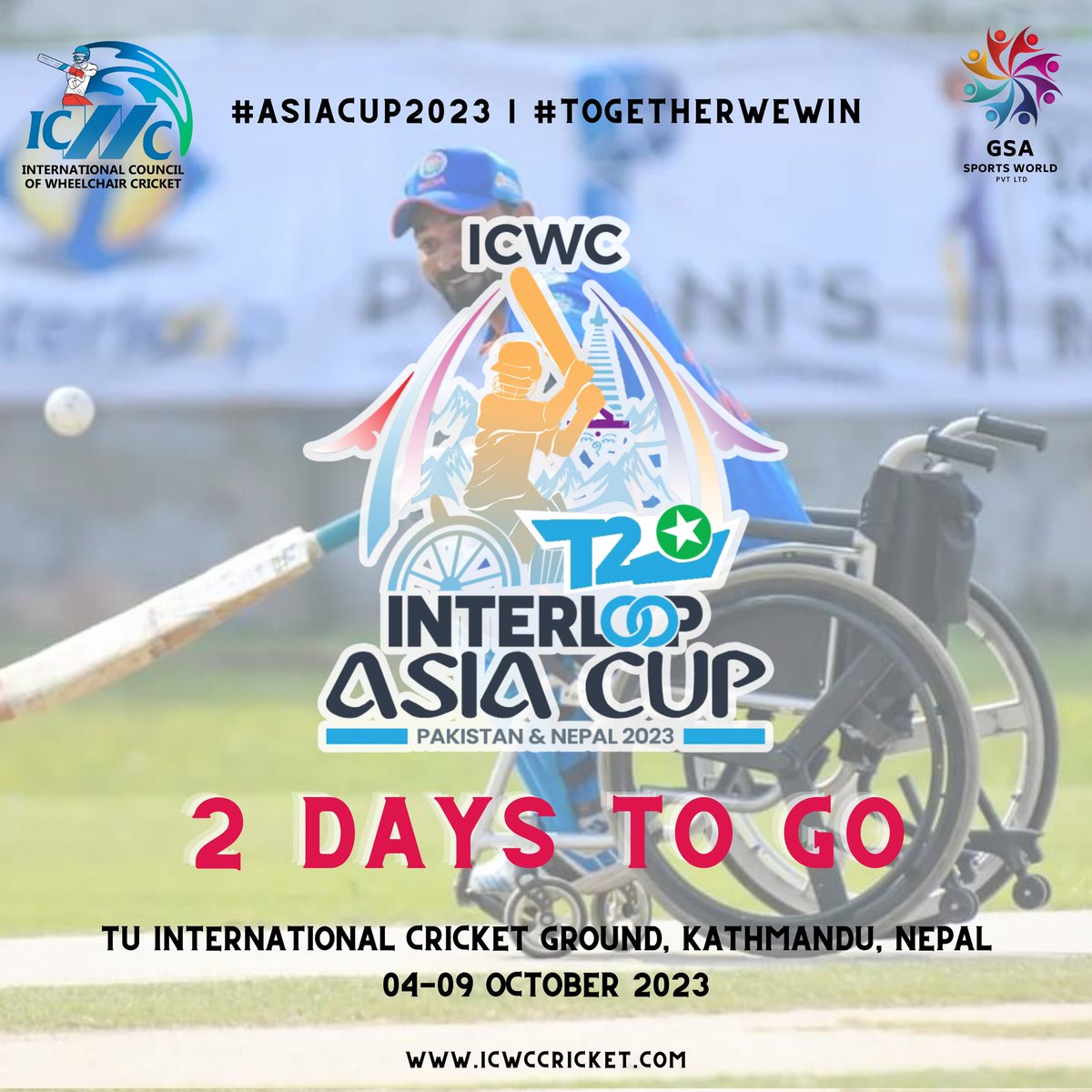 DCCBIofficial's tweet photo. 2 days to go, #AsiaCup
.
#TogetherWeWin 
.
#ICWC #AsiaCup2023 #WheelchairCricket #DCCBI #SupportWheelchairCricket #GSASportsWorld #India #Pakistan #Nepal #Bangladesh #SriLanka #Cricket #CricketNews #ICC #disabilitycricket #divyangcricket #divyangjancricket
@BCCI @ICC https://t.co/XPzF93gHQw