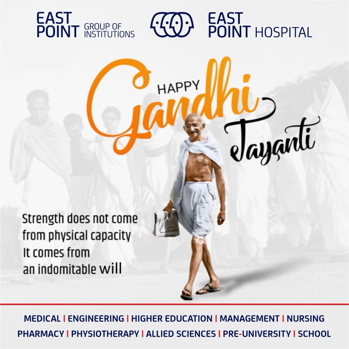 EastPoint_Colgs's tweet photo. Celebrating the legacy of a man who taught us the power of non-violence and truth. 

Happy Gandhi Jayanti!

#GandhiJayanti #Inspiration
#EPGI #EastPointCollege #EastPointGroupofInstitutions https://t.co/kWuguUsaEr