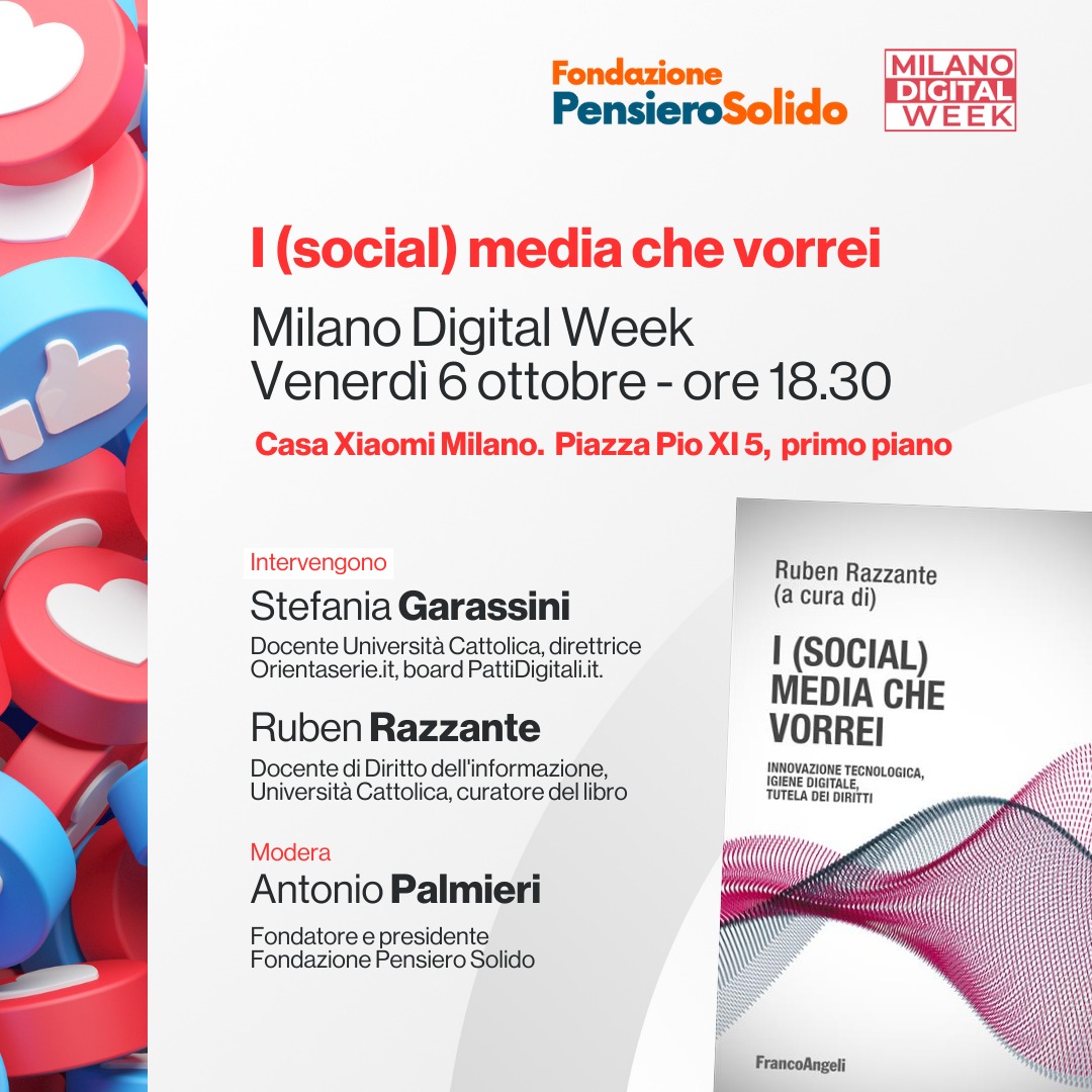 Della responsabilità delle piattaforme social, di quella che spetta a ciascuno di noi e di come possiamo esercitarla.
Appuntamento con <a href="/RubenRazzante/">Ruben Razzante</a>, <a href="/garassini/">garassini</a> e <a href="/antoniopalmieri/">Antonio Palmieri</a> alla <a href="/MI_DigitalWeek/">Milano Digital Week</a>. Venerdì alle 18.30.