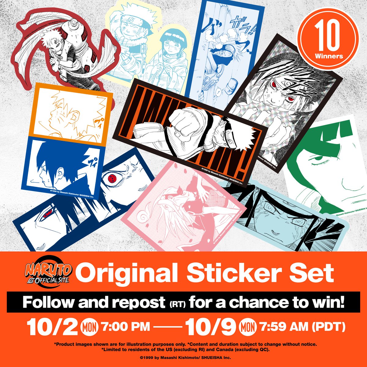 To celebrate the NARUTO OFFICIAL SITE's 1st anniversary, 10 NARUTO Original Sticker Sets will be raffled!

①Follow <a href="/NARUTO_info_en/">NARUTO OFFICIAL</a>
②Repost (RT) this post

Entry Period: 10/2 7:00 PM - 10/9 7:59 AM (PDT)
*Available to residents of the US (excluding RI) and Canada (excluding QC)
