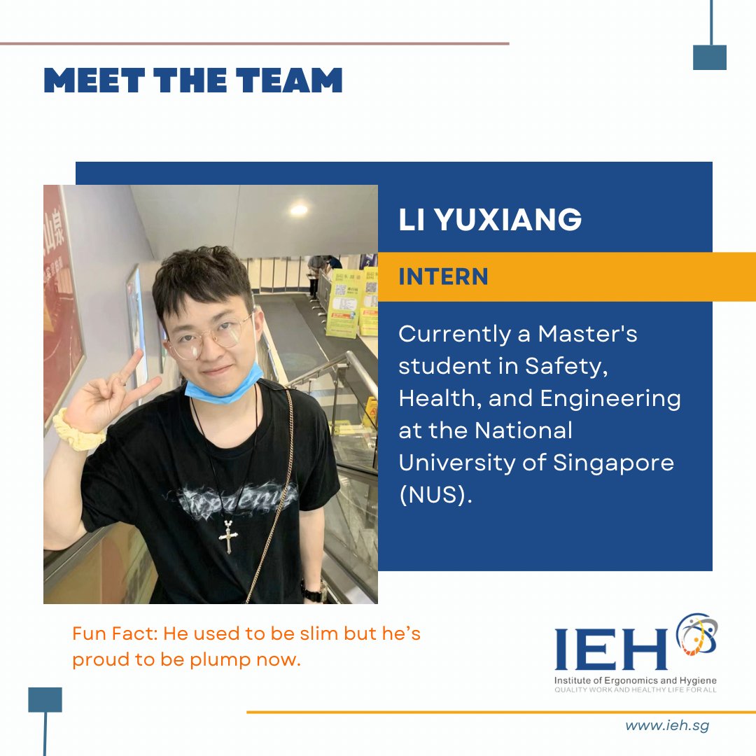 IEH_SG's tweet photo. Meet the IEH Team!
This week, we are featuring our intern, Li Yuxiang.
Since joining IEH, his exposure and engagement in various projects have substantially broadened his knowledge and appreciation of occupational health and Ergonomics.

#ieh #talent #staff #feature #intern https://t.co/FBJDBHH5jU