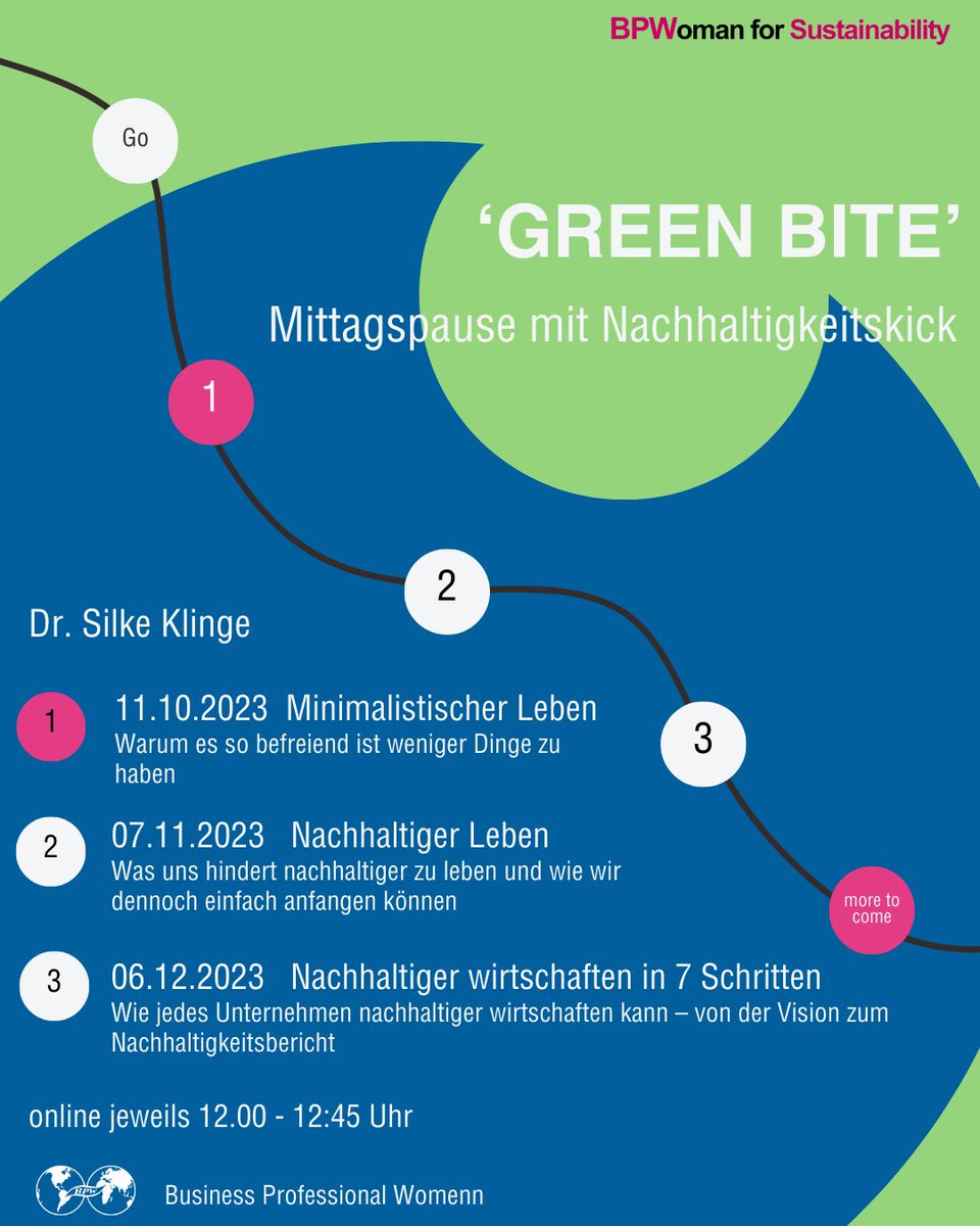 BPW_Germany's tweet photo. Willkommen bei Green Bites – unserer neuen Eventreihe für Frauen, die Ehrenamt und Nachhaltigkeit vereinen wollen. Hier geht es um Gemeinschaft, persönliche Entwicklung und sinnstiftende Arbeit. 🌱💚 #GreenBites #Ehrenamt #Nachhaltigkeit https://t.co/H25UI0PXUI