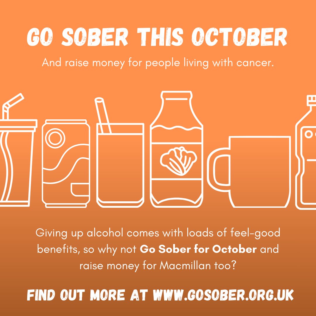 We challenge you to go sober for October to support Macmillan Cancer Support. It's not just about giving up alcohol; it's about making a positive change while raising funds for an incredible cause!

For more information, go to gosober.org.uk

 #SoberOctober #Macmillan