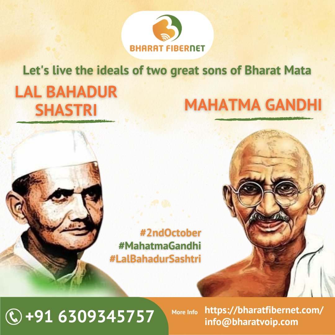 BharatFibernet's tweet photo. 🇮🇳✨ **Celebrating the Birth Anniversaries of Two Great Sons of #BharatMata - #MahatmaGandhi &amp; #LalBahadurShastri✨🇮🇳 #BirthAnniversary #UnityInDiversity #BharatFibernet #BusinessBroadband #HyderabadInternetProvider #ConnectingCommunities #Inspiration #Progress #Peace #No1Choice https://t.co/MnTevFXD3i