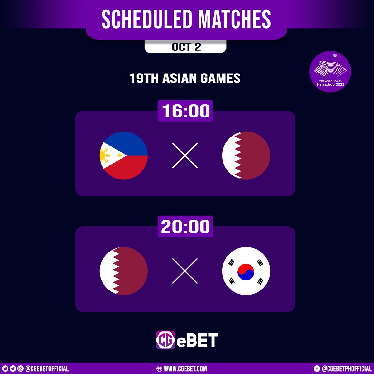 CGeBETOfficial's tweet photo. 19th Asian Games schedule for today!  🌏🏅 #AsianGamesXIX Bet only here at https://t.co/eS7I2QItnL 🔥 

Join our official group on Facebook! Just click the link given below:

https://t.co/UyVoHZdQDT
https://t.co/UyVoHZdQDT https://t.co/fw7BVSu1cI