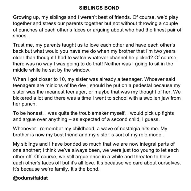 FaidatOdunsi's tweet image. For someone with three siblings, I must admit I've grown to cherish and respect siblings bond.

#creativewriter #siblings #family