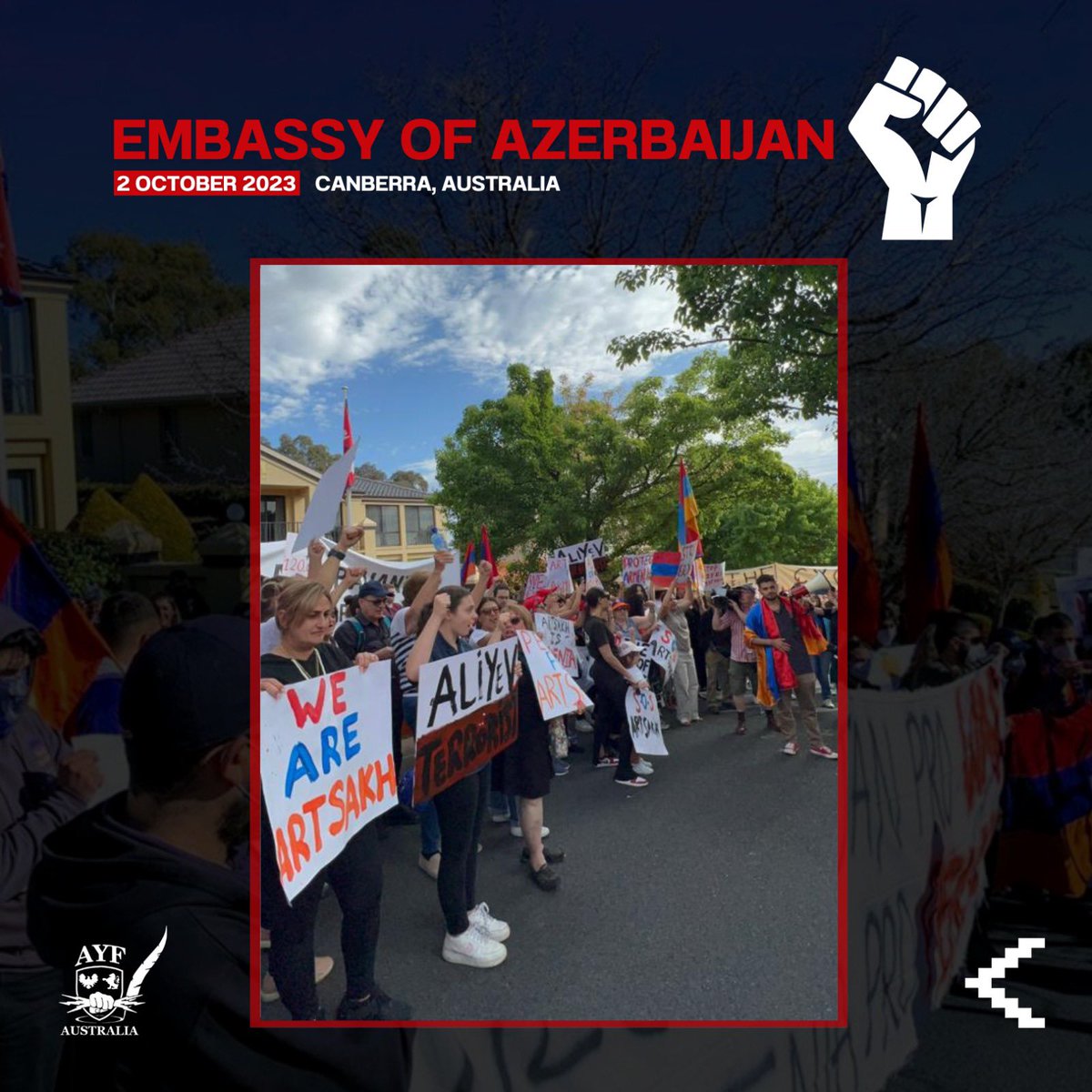 ayfaus's tweet photo. PROTEST AT AZERBAIJAN EMBASSY

UNITED WITH ARTSAKH, AGAINST GENOCIDE.

2/10/2023 - Canberra, Australia https://t.co/XWtbxOXjge