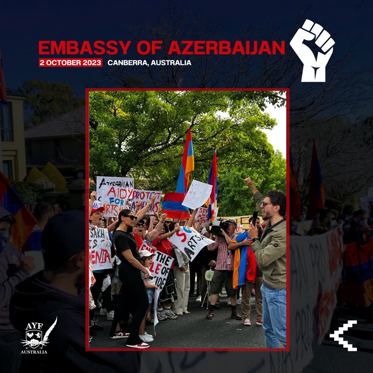 ayfaus's tweet photo. PROTEST AT AZERBAIJAN EMBASSY

UNITED WITH ARTSAKH, AGAINST GENOCIDE.

2/10/2023 - Canberra, Australia https://t.co/XWtbxOXjge