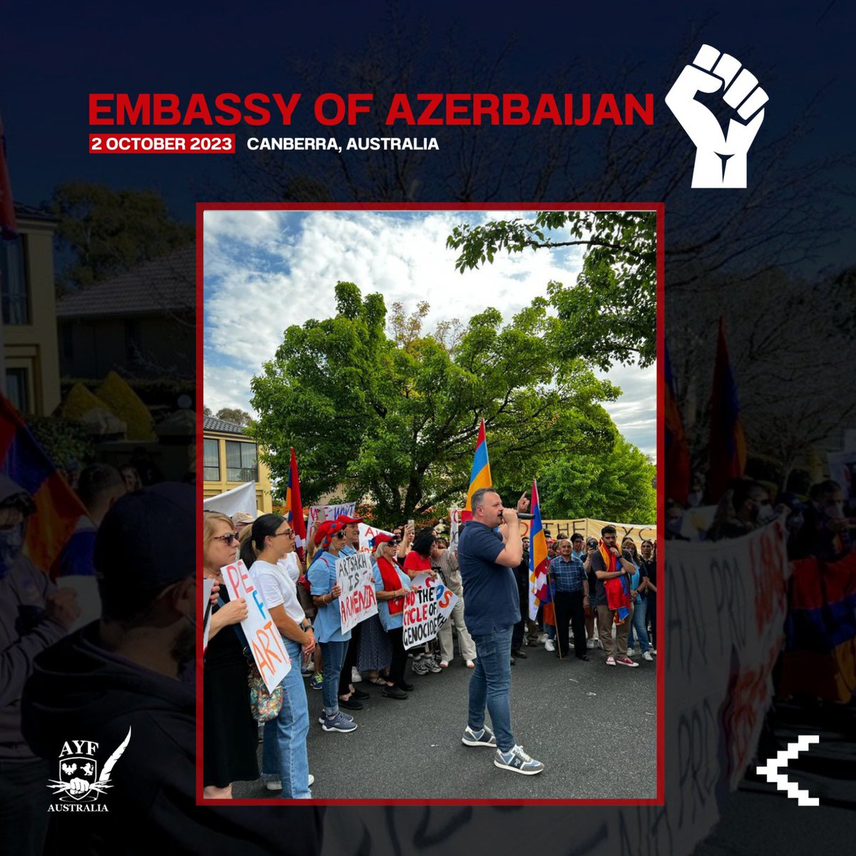 ayfaus's tweet photo. PROTEST AT AZERBAIJAN EMBASSY

UNITED WITH ARTSAKH, AGAINST GENOCIDE.

2/10/2023 - Canberra, Australia https://t.co/XWtbxOXjge
