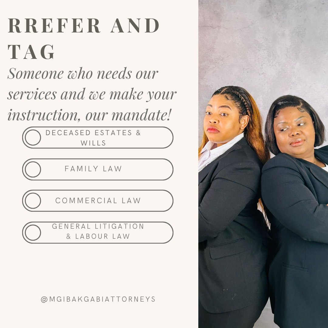 MgibaKgabiInc's tweet photo. Refer and tag someone who requires legal advice or legal representation from our office and our in house legal attorneys will be happy to provide the necessary legal help you need.
#MgabiKgabiAttorneys #LegalTips #LegalAdvice #LegalRepresentation #LegalMatters #SouthAfrica https://t.co/CBAhHDPoJP