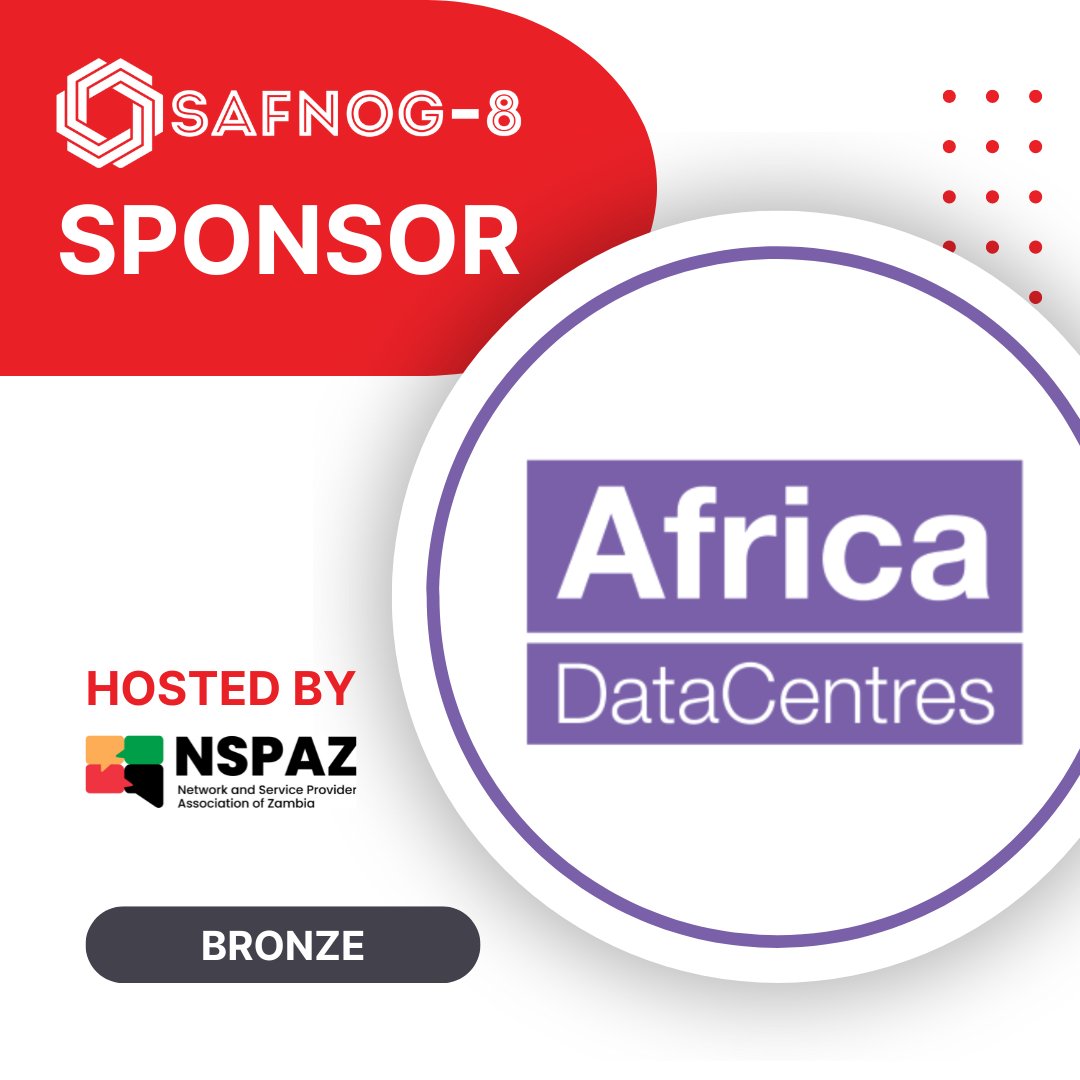 @africa_dc is the #SAFNOG8 Bronze Sponsor. Thank you for your partnership and support!

#SAFNOG8 #bronzesponsor #africadatacentres #internetcommunity #NOGSupport #thankyou