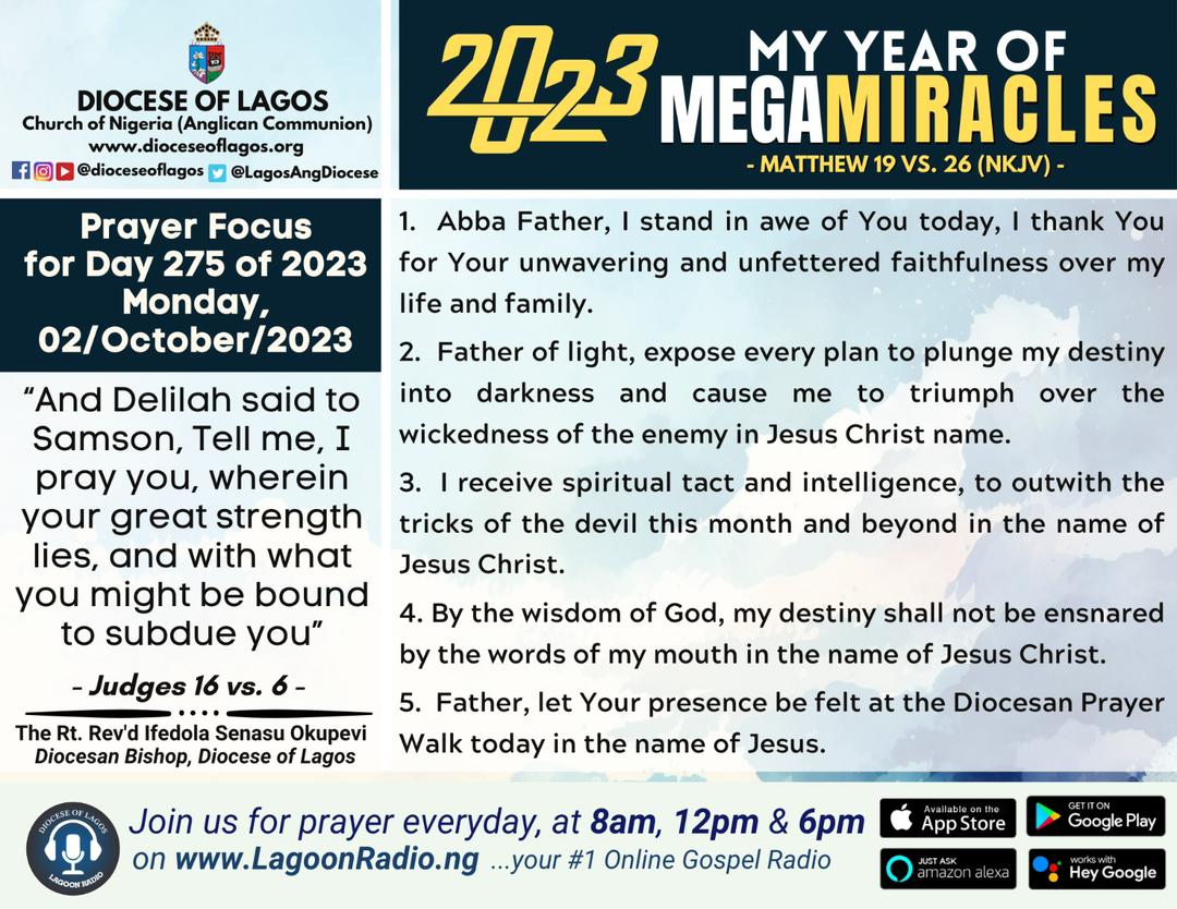 LagosAngDiocese's tweet photo. Welcome to your week of divine protection. The Lord has built you up to be a wonder to your world. He has loaded you with grace to shine in the midst of darkness.
#dioceseoflagos #prayercard #ifeokupevi #prayers #praythroughtheprocess #letuspray #prayerfortheday #MegaMiracles https://t.co/SBZ94SSA6z