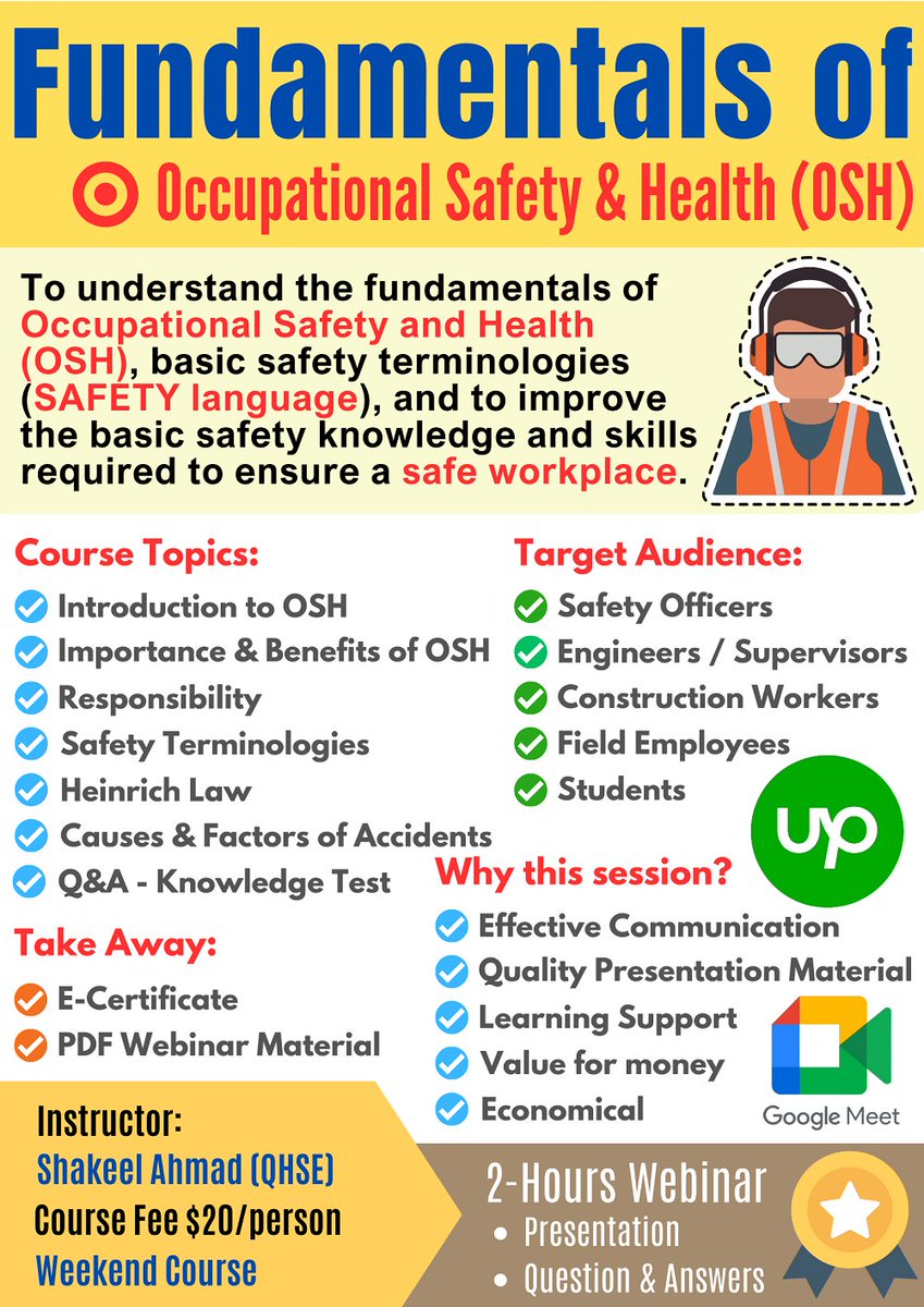 2 hours | Occupational Safety &amp; Health Webinar
#Safety #OSH #OccupationalSafety #HealthAndSafety #Webinar #Upwork #PPE #WorkPlaceSafety 
For more details:
shakeelx.com/services/train…