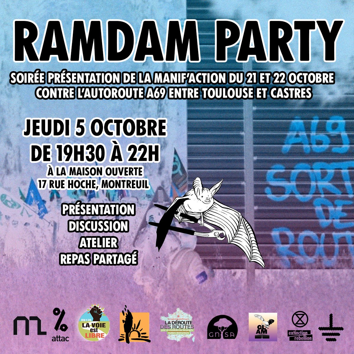 sdlt_idf's tweet photo. 📢 Rendez-vous jeudi 5 octobre pour une soirée festive de préparation à la manif'action contre l'autoroute A69 Toulouse-Castres ! 

🏡 De 19h30 à 22h à la Maison Ouverte de Montreuil pour présenter l'action "Ramdam sur le Macadam" les 21 et 22 octobre. https://t.co/07mwjeLvNu