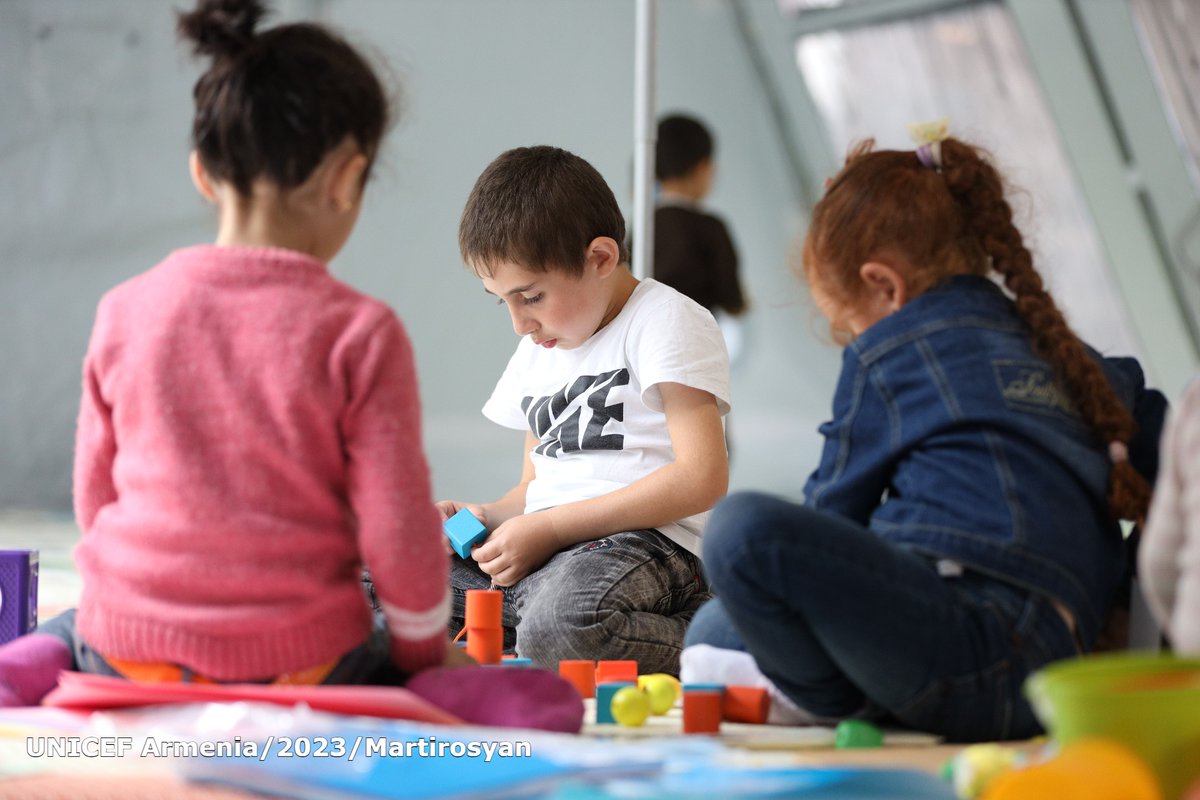 unicefarmenia's tweet photo. After months of worsening conditions &amp; an escalation of hostilities, children need a safe space to be children again 

Victoria &amp; Vahe visited the children’s corner set up by UNICEF in Goris, where ethnic Armenian refugee children can play &amp; get psychosocial &amp; paediatric support https://t.co/ZlpaNdNR6o