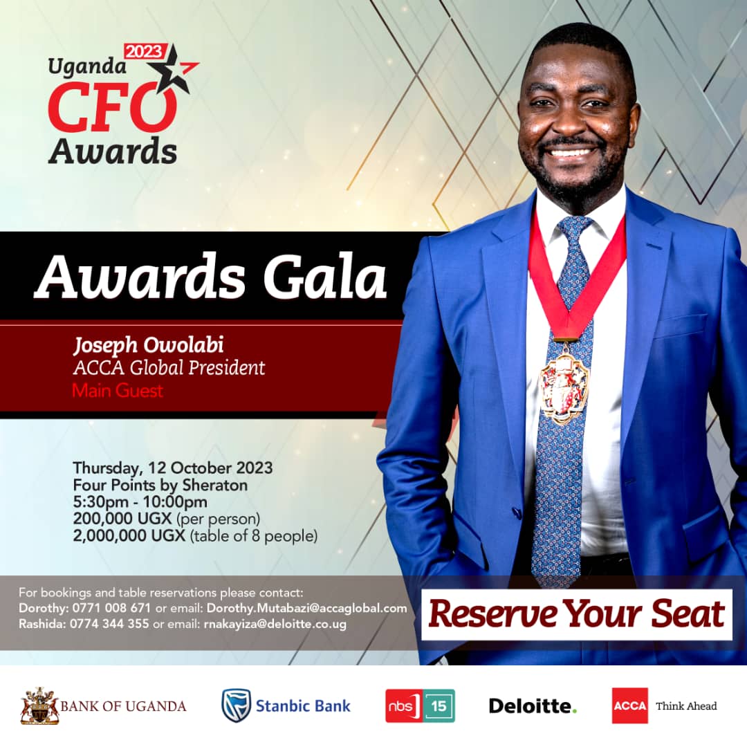 nbstv's tweet photo. The #CFOAwards23 grand event is on October 12, 2023. The Main Guest will be @opejoe, the current global president of @ACCA_Uganda. 

Call 0771008671 or email Dorothy.Mutabazi@accaglobal.com for bookings and table reservations. https://t.co/lJ0uT19xT8