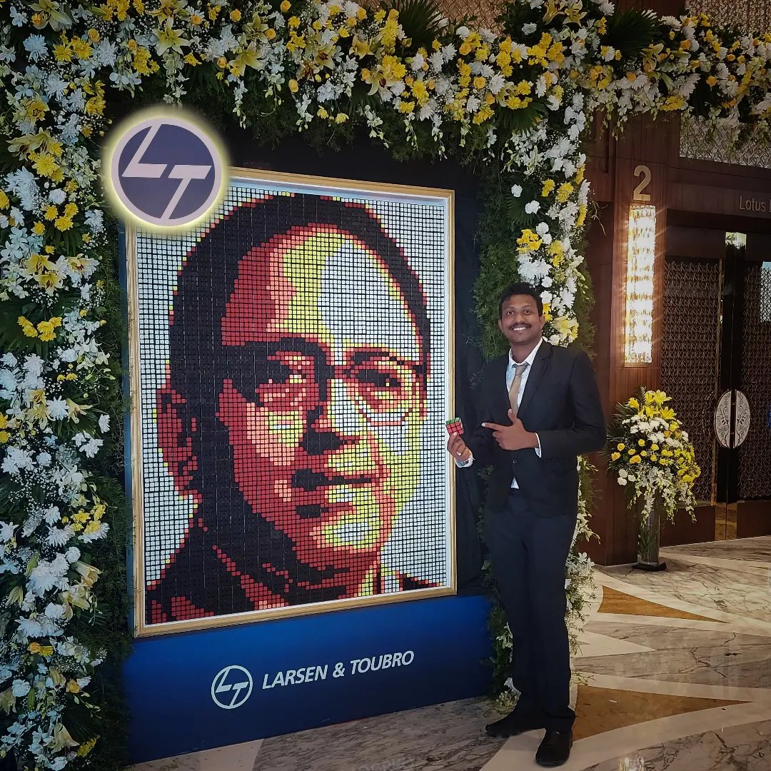 prithvimosaics's tweet photo. Rubik's cube artwork using 720 cubes each of Honourable Mr. Anil Manibhai Naik (A.M. Naik) who is an Indian industrialist, philanthropist and the Group Chairman of Larsen & Toubro (L&T) Limited, also completed 6 DECADES in L&T, now handing over the baton and L&T flag to honourable Mr. S N Subrahmanyan who is currently an CEO & MD of L&T Limited. 

Held at #JioWorldConventionCentre, Mumbai. 

Thank you Archers Entertainment 
#lnt #larsenandtoubro #jio #rubikscubeart #prithvimosaics #prithveesh #jioworldconventioncentre #archersentertainment