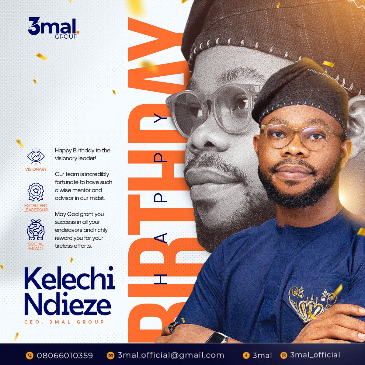 3mal_official's tweet photo. Wishing a very Happy Birthday to Kelechi Ndieze, the visionary CEO of 3MAL GROUP!
Your leadership and innovation continue to inspire us all. Here's to another year of success and growth!
#3mal #mondaymotivation #advertising #advertisingstrategies #branding #contentestrategy https://t.co/m9ui2hUnbm